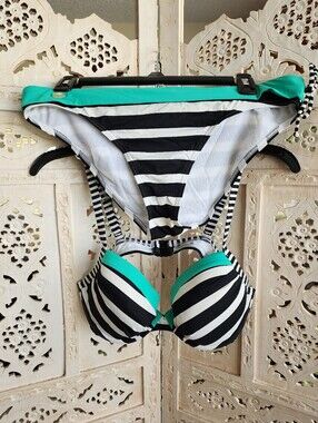 KangaROOS Nautical Striped Halter Bikini- 36C & Size 8- Black, White, Turquoise